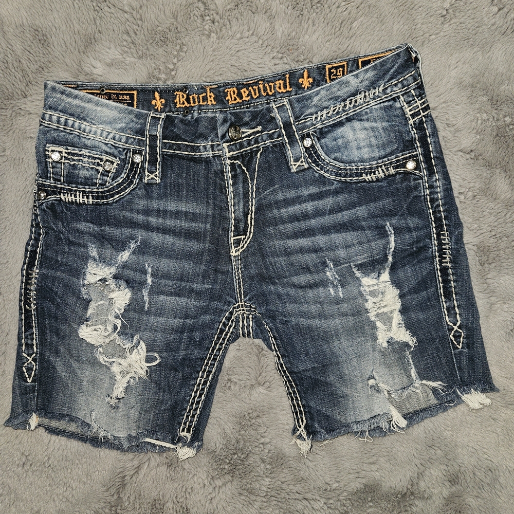 Rock Revival Blue Distressed Denim Shorts Cutoffs Bling Pockets Size 29 - Picture 2 of 13